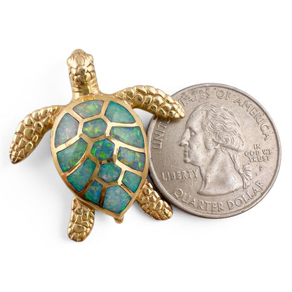 Kabana Sea Turtle 14k Yellow Gold Blue Green Opal Inlay Pendant 8.3g 1.25"