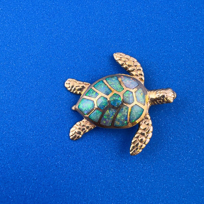 Kabana Sea Turtle 14k Yellow Gold Blue Green Opal Inlay Pendant 8.3g 1.25"