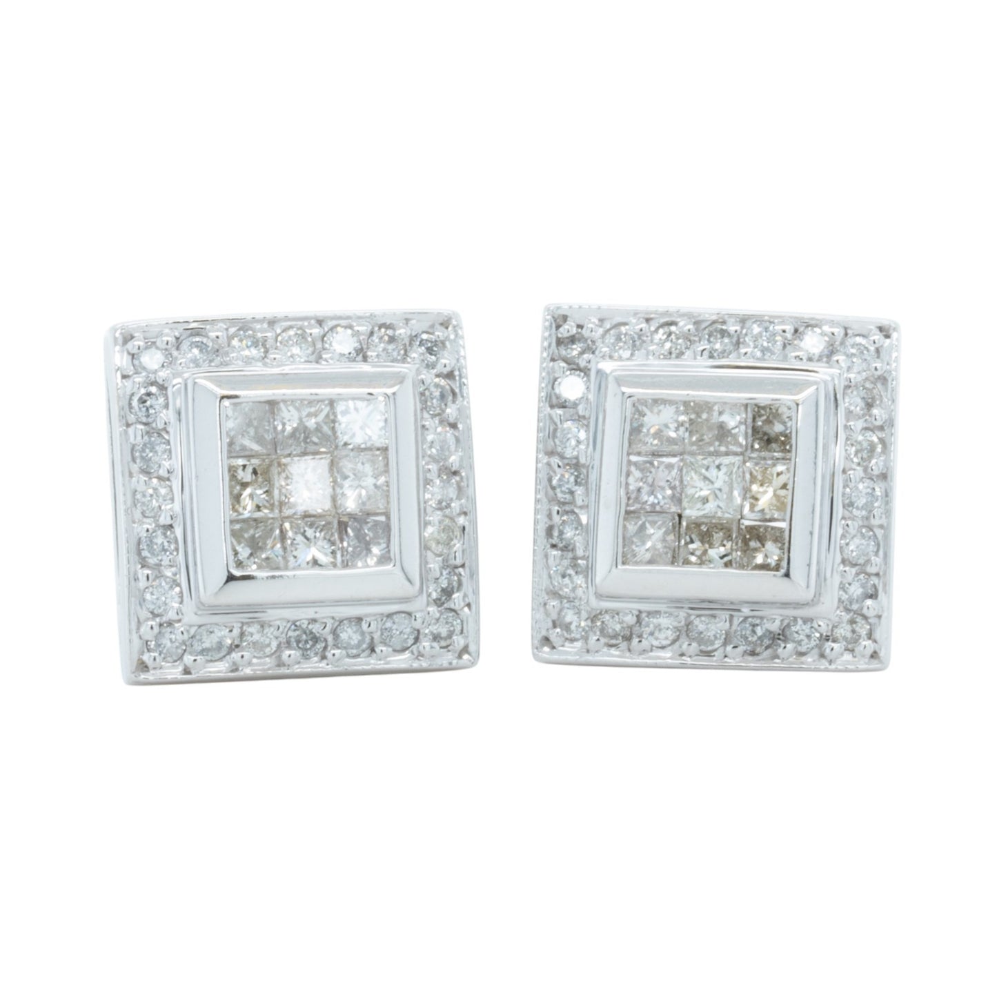 14k White Gold Princess Diamond Square Cluster Omegaback Earrings 1.12ctw I-J I1