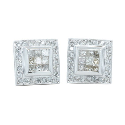 14k White Gold Princess Diamond Square Cluster Omegaback Earrings 1.12ctw I-J I1