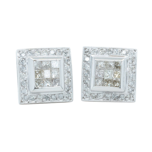 14k White Gold Princess Diamond Square Cluster Omegaback Earrings 1.12ctw I-J I1