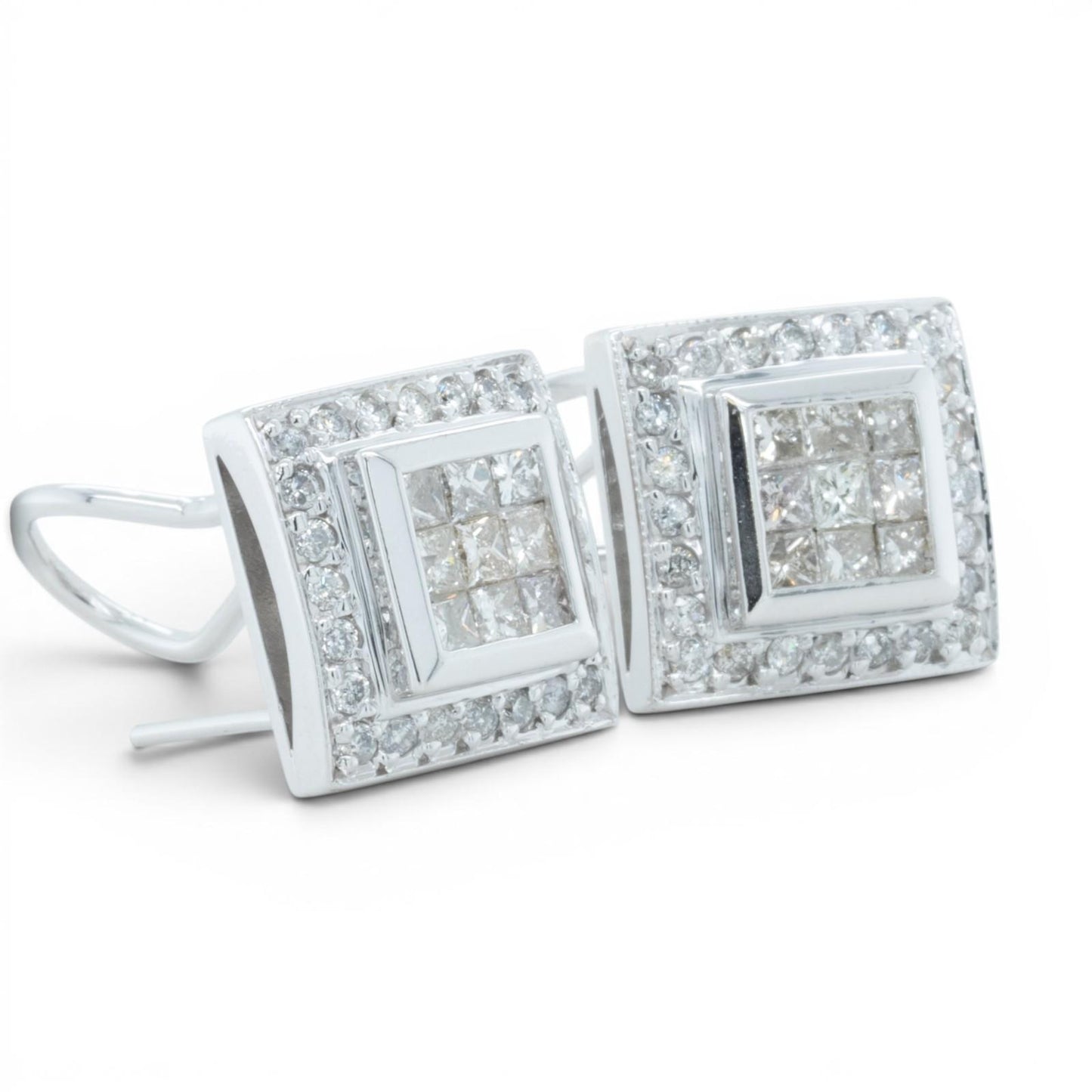 14k White Gold Princess Diamond Square Cluster Omegaback Earrings 1.12ctw I-J I1