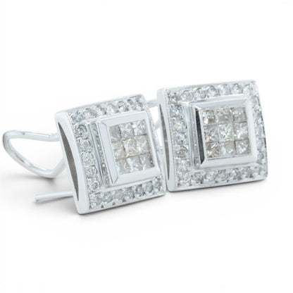 14k White Gold Princess Diamond Square Cluster Omegaback Earrings 1.12ctw I-J I1