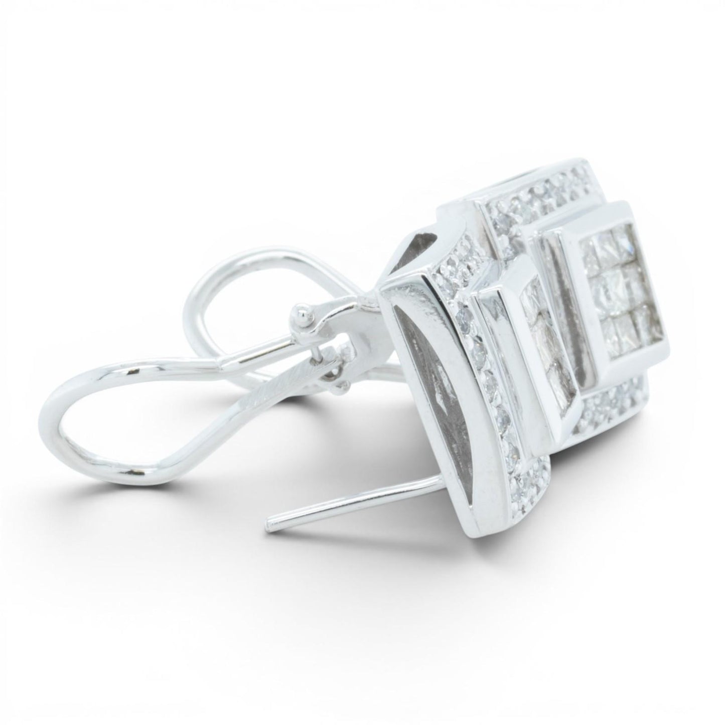 14k White Gold Princess Diamond Square Cluster Omegaback Earrings 1.12ctw I-J I1