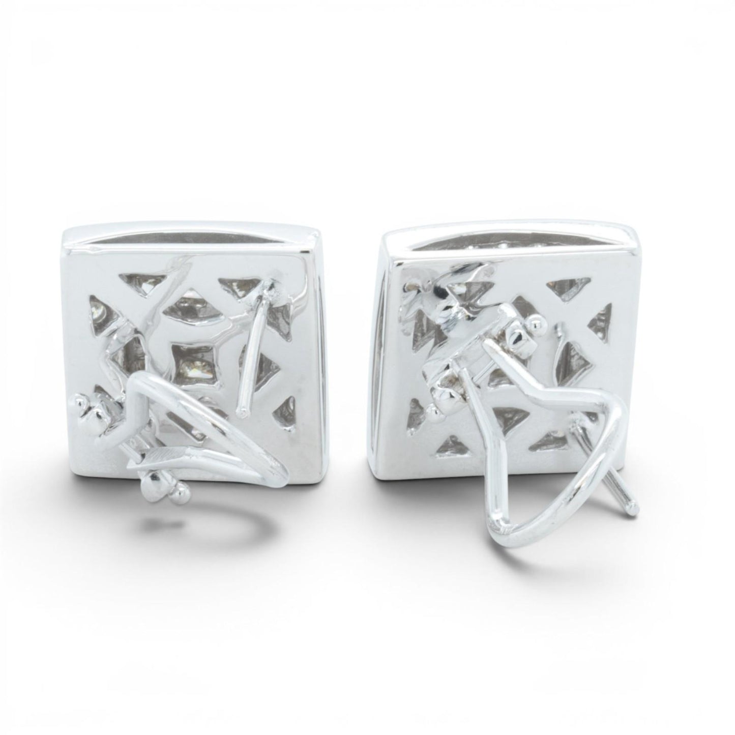 14k White Gold Princess Diamond Square Cluster Omegaback Earrings 1.12ctw I-J I1