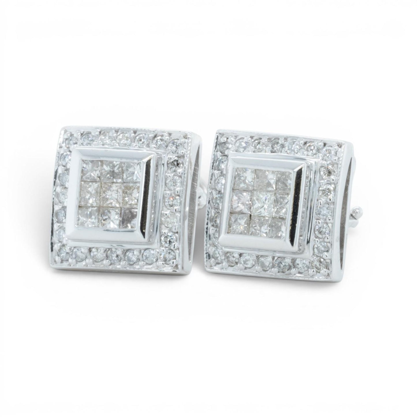 14k White Gold Princess Diamond Square Cluster Omegaback Earrings 1.12ctw I-J I1