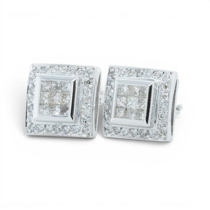 14k White Gold Princess Diamond Square Cluster Omegaback Earrings 1.12ctw I-J I1
