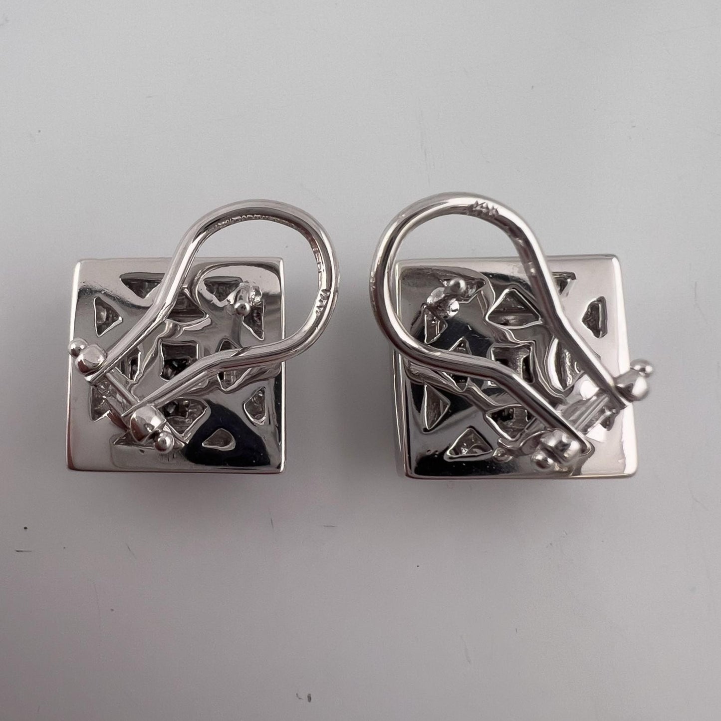 14k White Gold Princess Diamond Square Cluster Omegaback Earrings 1.12ctw I-J I1