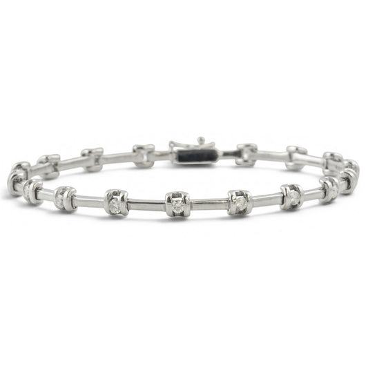 14k White Gold Round Diamond Bar & Station Tennis Bracelet 0.85ctw H SI2 7.00"