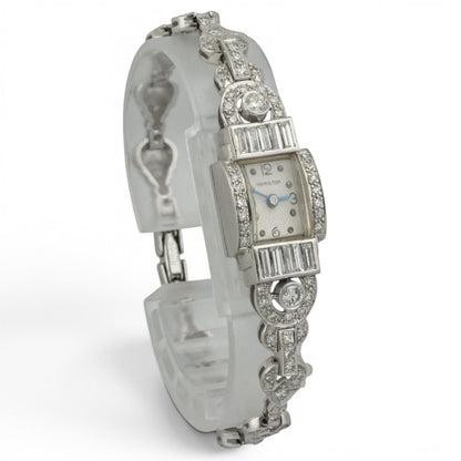 Hamilton Platinum Diamond 14mm Ladies Rectangular Cocktail Dress Watch 1.96ctw