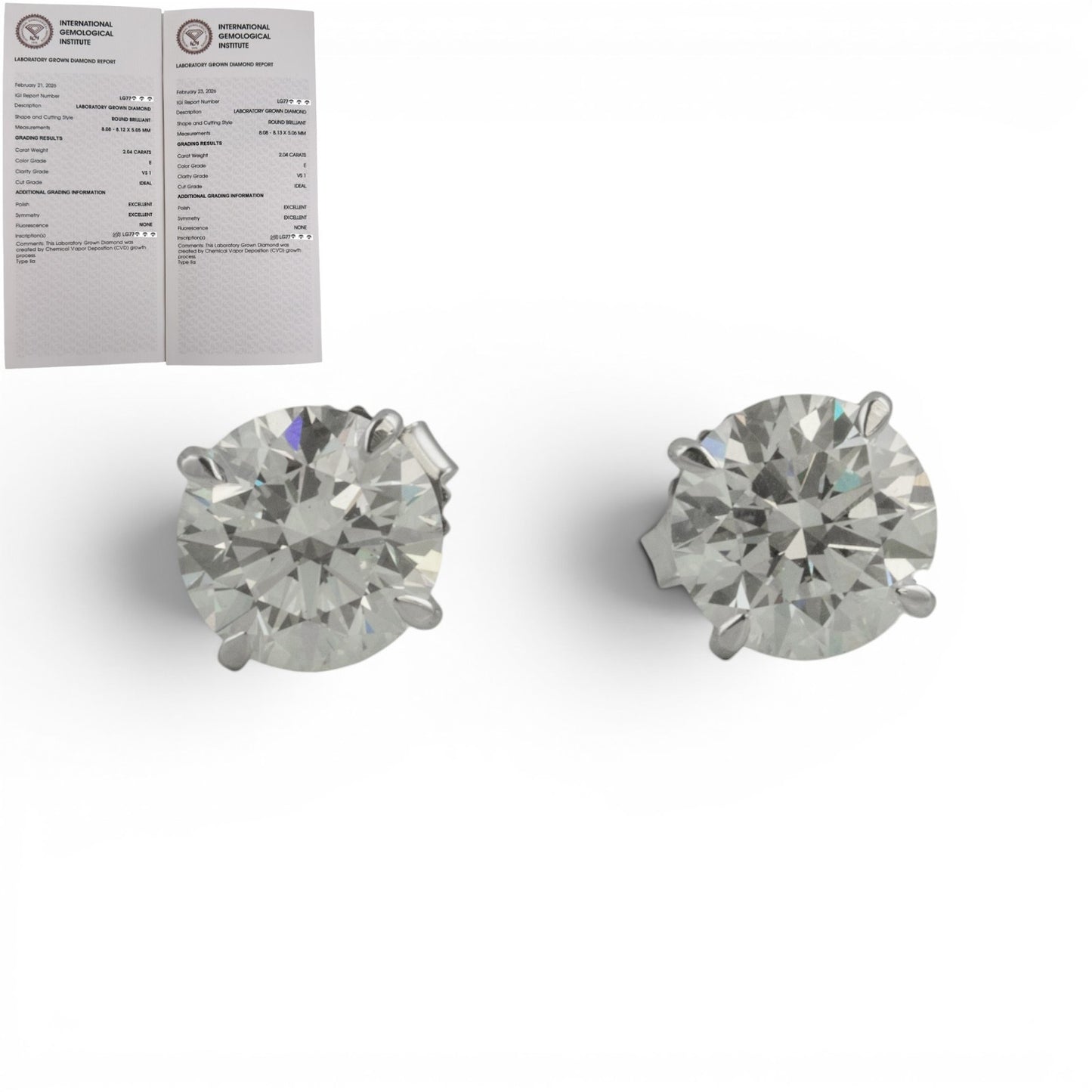 IGI 14k White Gold Lab Grown Diamond Stud Earrings 4.08tw E VS1