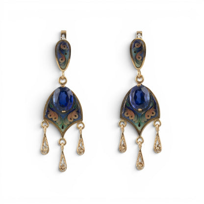 Vintage 13.5k Yellow Gold Painted Enamel & Blue Stone Dangle Earrings 11g