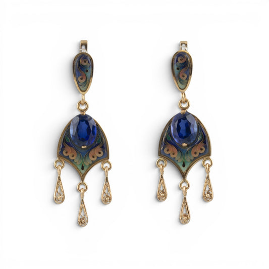 Vintage 13.5k Yellow Gold Painted Enamel & Blue Stone Dangle Earrings 11g