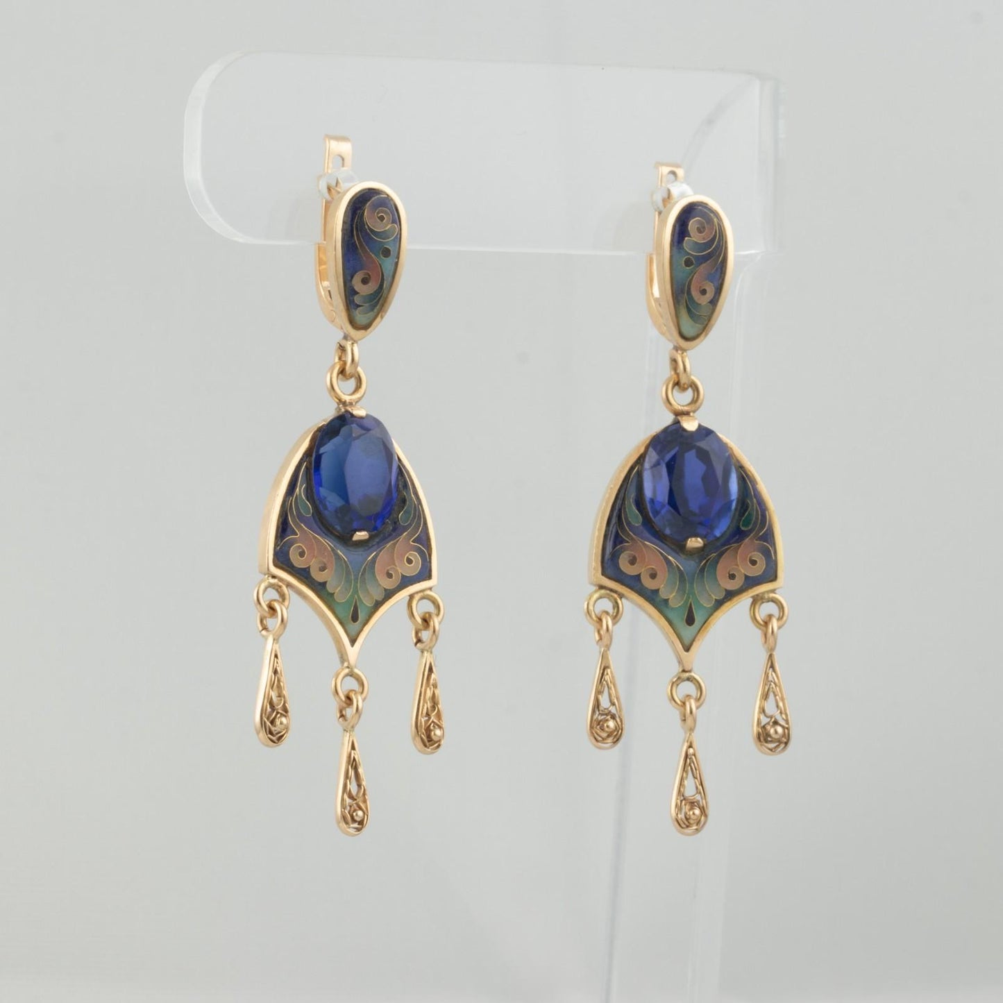 Vintage 13.5k Yellow Gold Painted Enamel & Blue Stone Dangle Earrings 11g