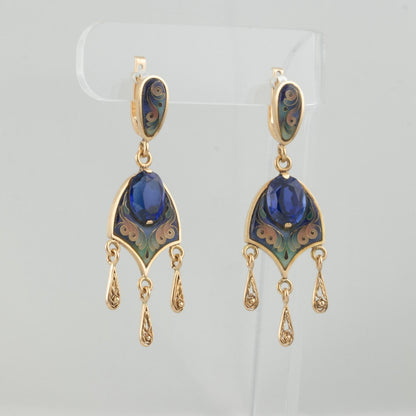 Vintage 13.5k Yellow Gold Painted Enamel & Blue Stone Dangle Earrings 11g