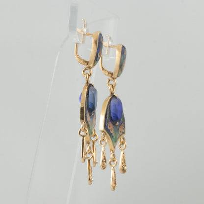 Vintage 13.5k Yellow Gold Painted Enamel & Blue Stone Dangle Earrings 11g