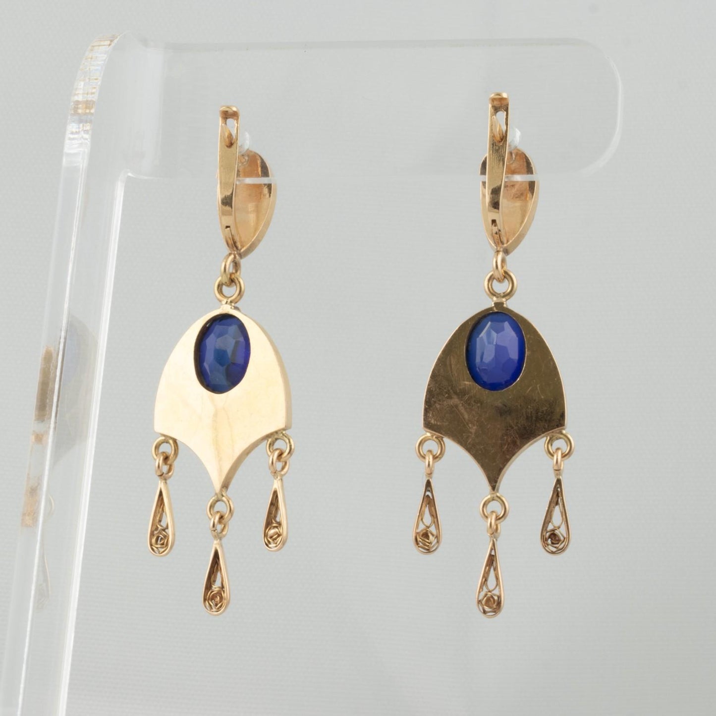 Vintage 13.5k Yellow Gold Painted Enamel & Blue Stone Dangle Earrings 11g
