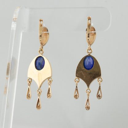Vintage 13.5k Yellow Gold Painted Enamel & Blue Stone Dangle Earrings 11g