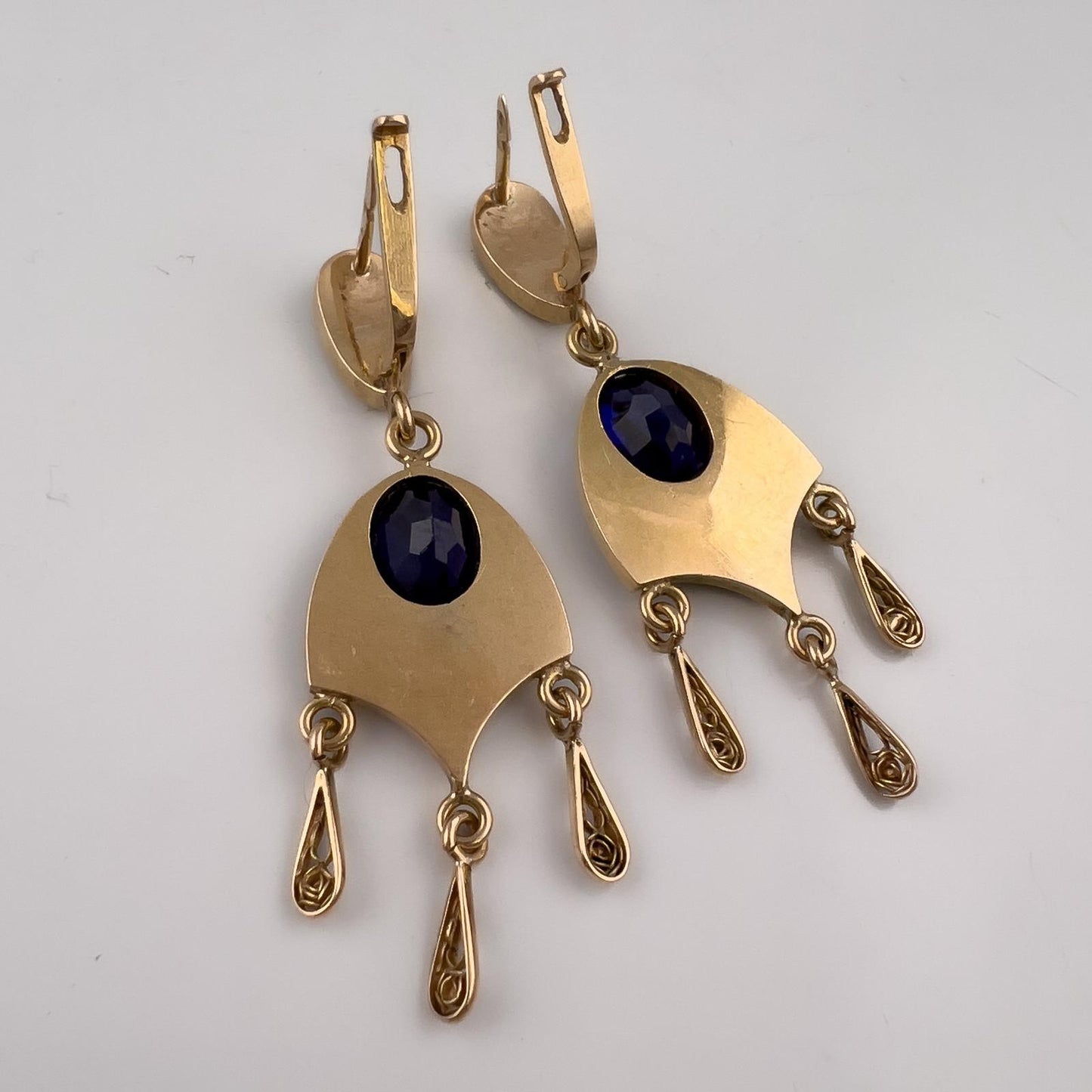 Vintage 13.5k Yellow Gold Painted Enamel & Blue Stone Dangle Earrings 11g
