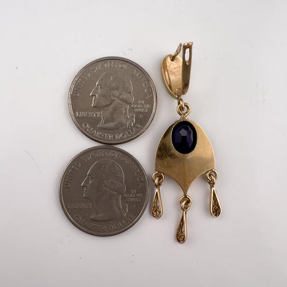 Vintage 13.5k Yellow Gold Painted Enamel & Blue Stone Dangle Earrings 11g