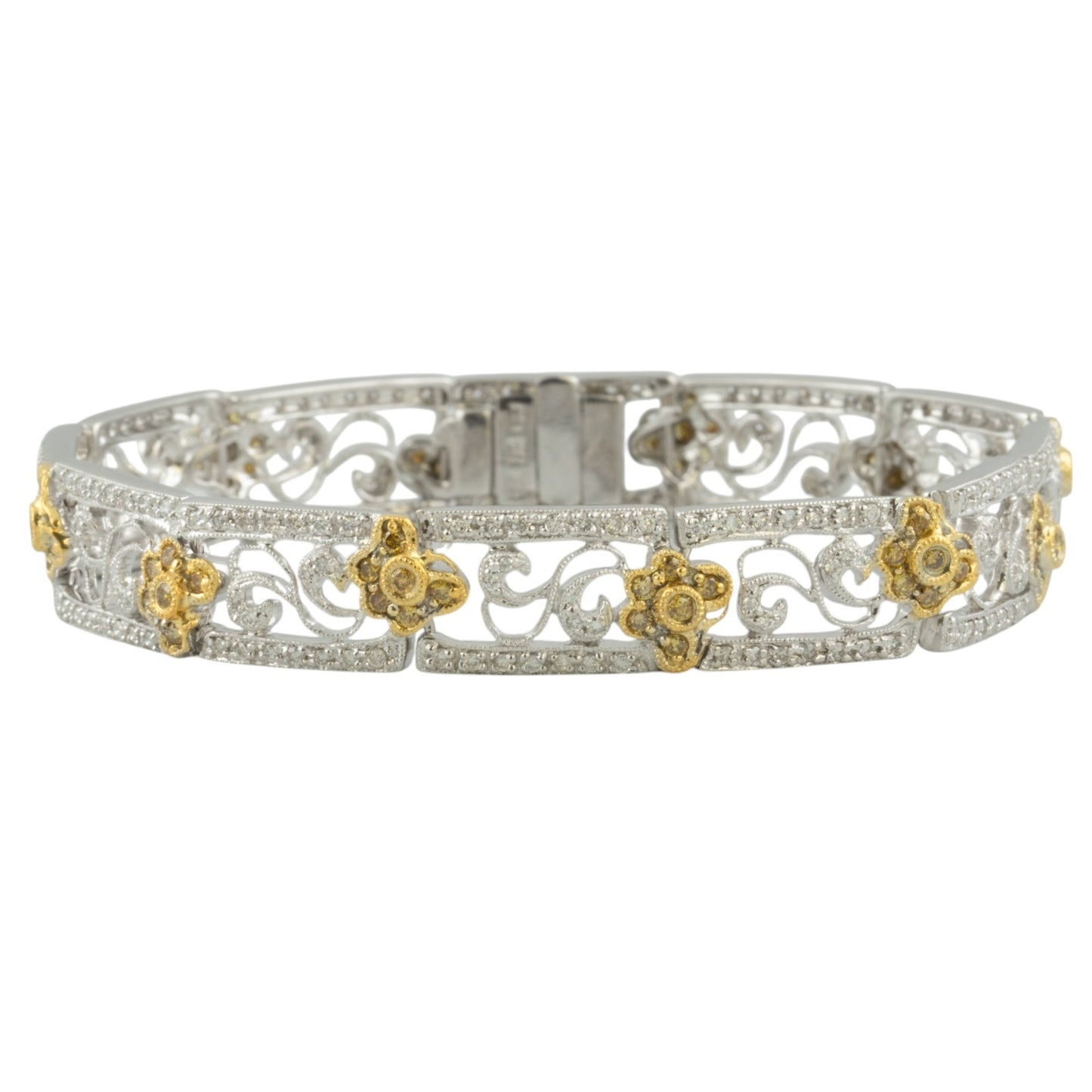 18k White & Yellow Gold Diamond Floral Station Bracelet 2.05ctw G SI1 22.6g 7"