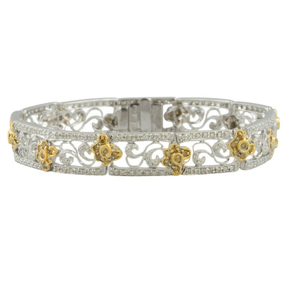 18k White & Yellow Gold Diamond Floral Station Bracelet 2.05ctw G SI1 22.6g 7"