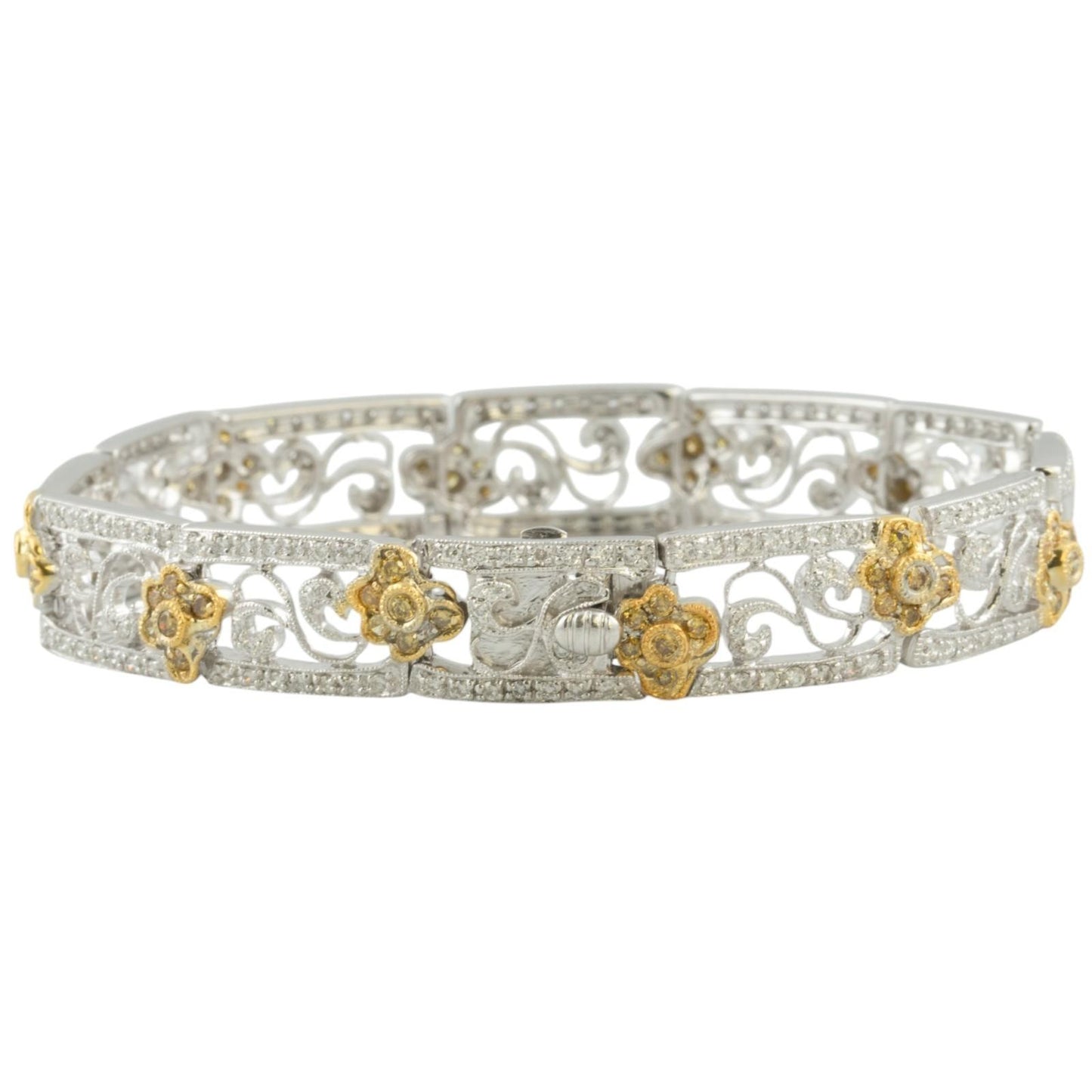 18k White & Yellow Gold Diamond Floral Station Bracelet 2.05ctw G SI1 22.6g 7"