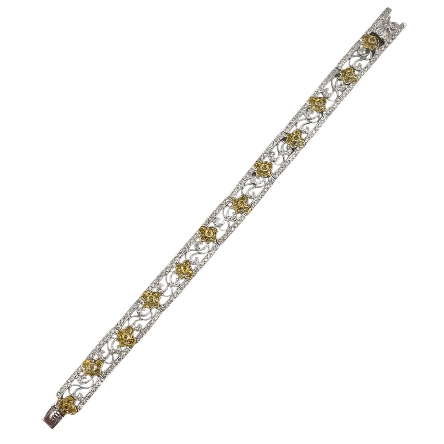 18k White & Yellow Gold Diamond Floral Station Bracelet 2.05ctw G SI1 22.6g 7"
