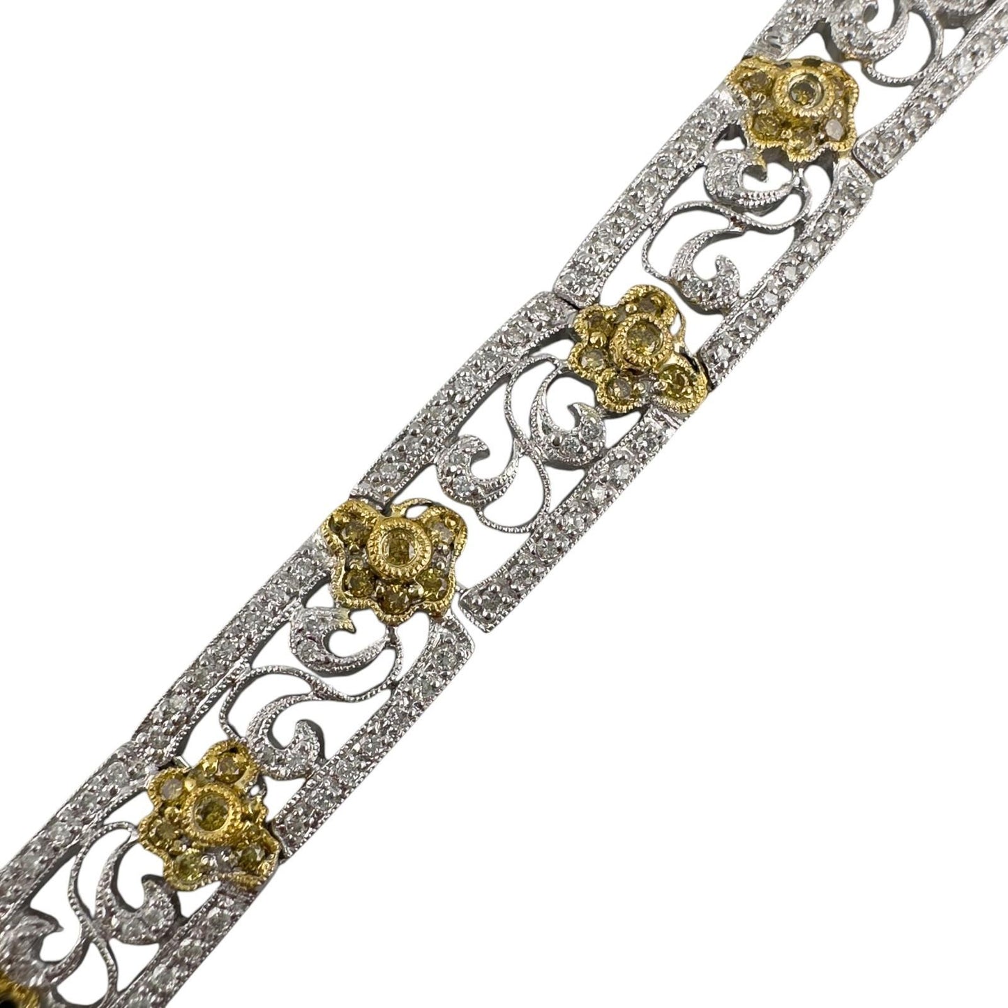 18k White & Yellow Gold Diamond Floral Station Bracelet 2.05ctw G SI1 22.6g 7"