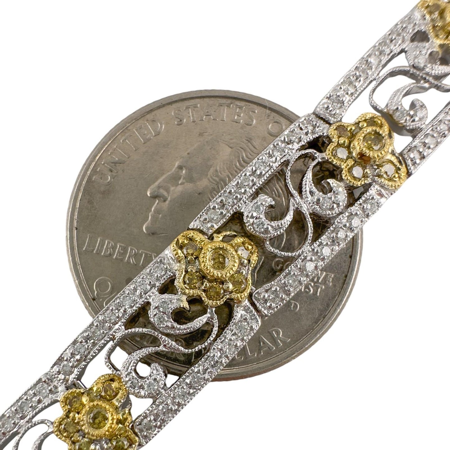 18k White & Yellow Gold Diamond Floral Station Bracelet 2.05ctw G SI1 22.6g 7"