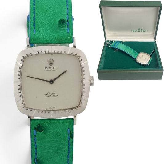 1976 Rolex Cellini 4048 18k White Gold Silver 30mm Square Green Strap Watch BOX