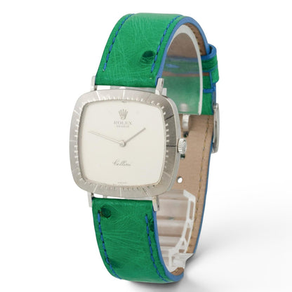 1976 Rolex Cellini 4048 18k White Gold Silver 30mm Square Green Strap Watch BOX