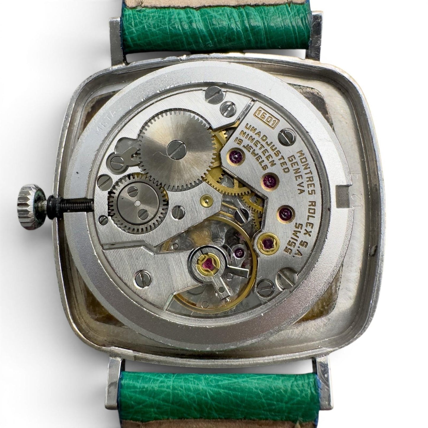 1976 Rolex Cellini 4048 18k White Gold Silver 30mm Square Green Strap Watch BOX