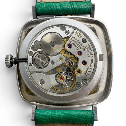 1976 Rolex Cellini 4048 18k White Gold Silver 30mm Square Green Strap Watch BOX