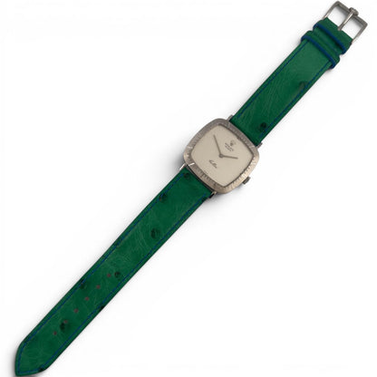 1976 Rolex Cellini 4048 18k White Gold Silver 30mm Square Green Strap Watch BOX