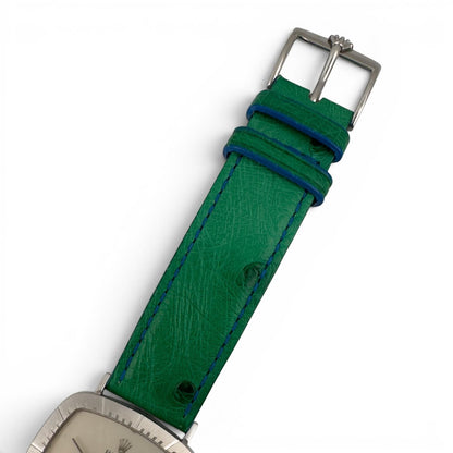 1976 Rolex Cellini 4048 18k White Gold Silver 30mm Square Green Strap Watch BOX