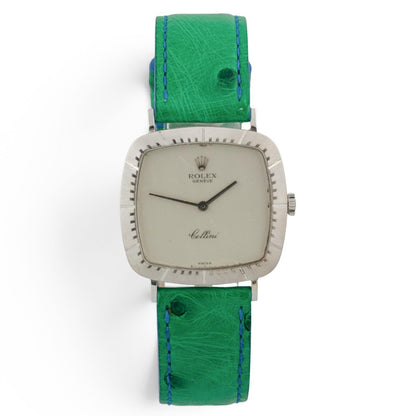1976 Rolex Cellini 4048 18k White Gold Silver 30mm Square Green Strap Watch BOX