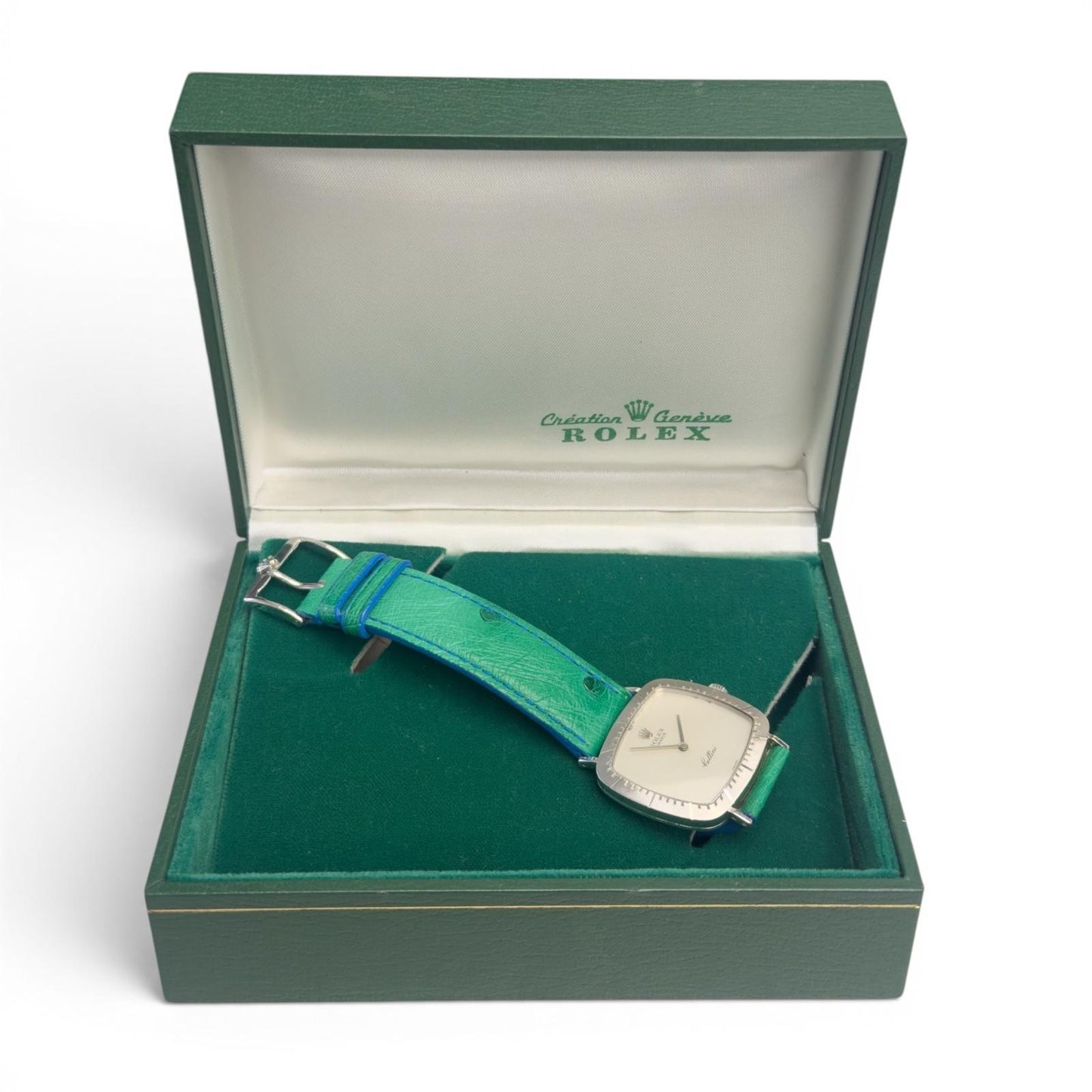 1976 Rolex Cellini 4048 18k White Gold Silver 30mm Square Green Strap Watch BOX