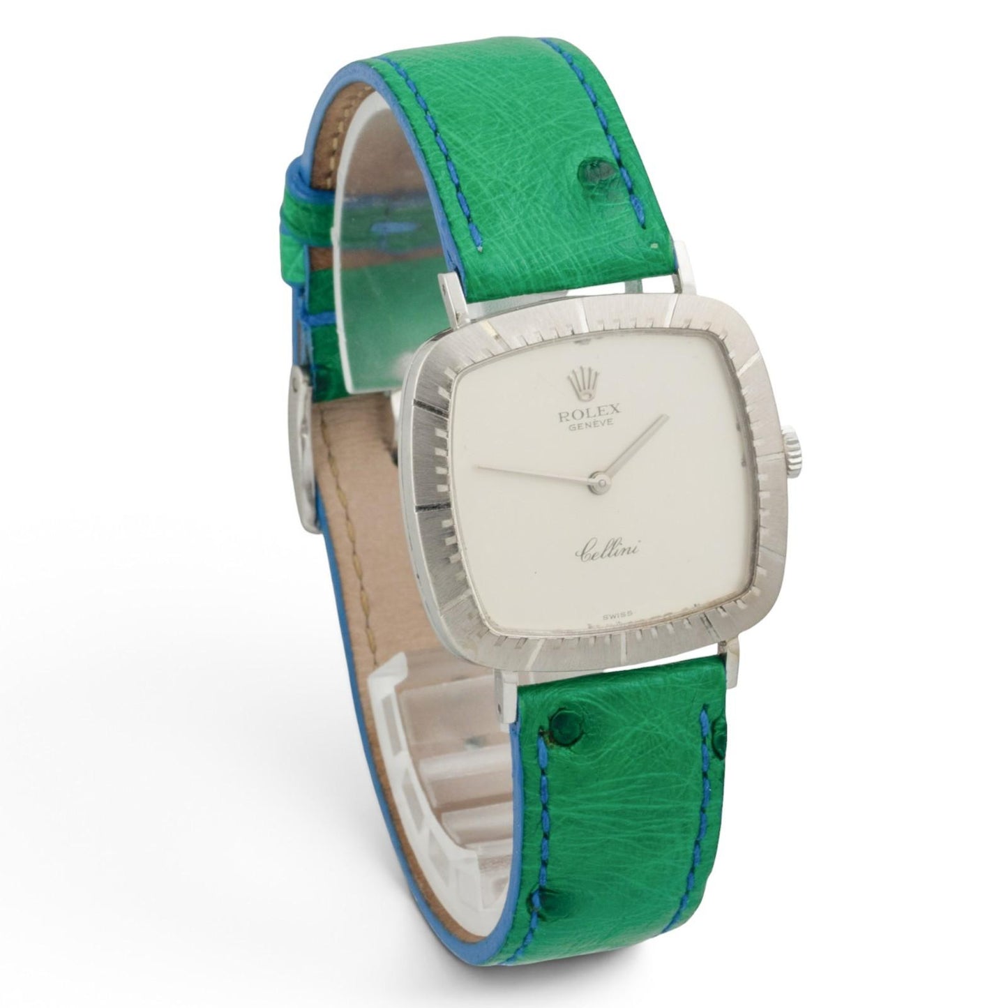 1976 Rolex Cellini 4048 18k White Gold Silver 30mm Square Green Strap Watch BOX