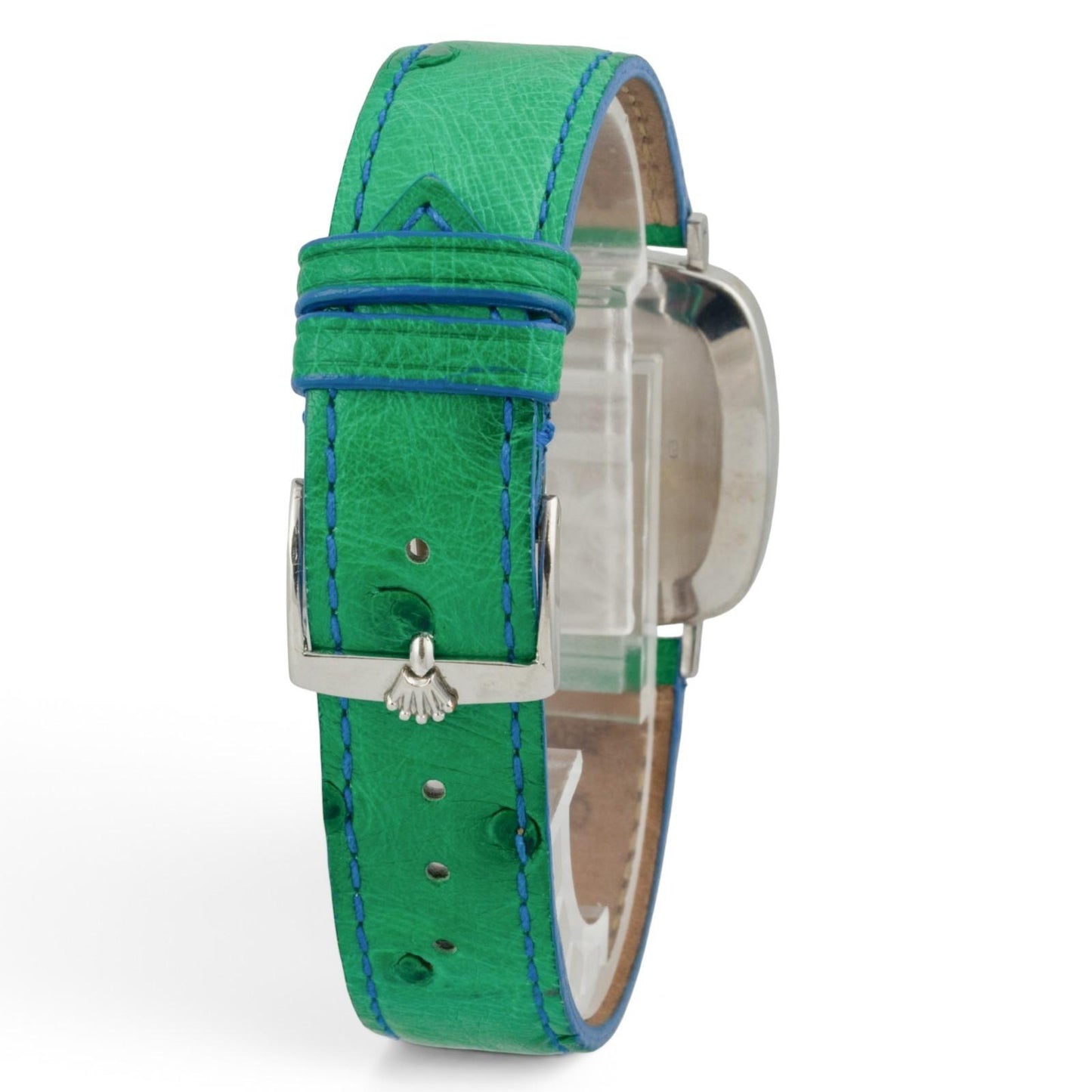 1976 Rolex Cellini 4048 18k White Gold Silver 30mm Square Green Strap Watch BOX