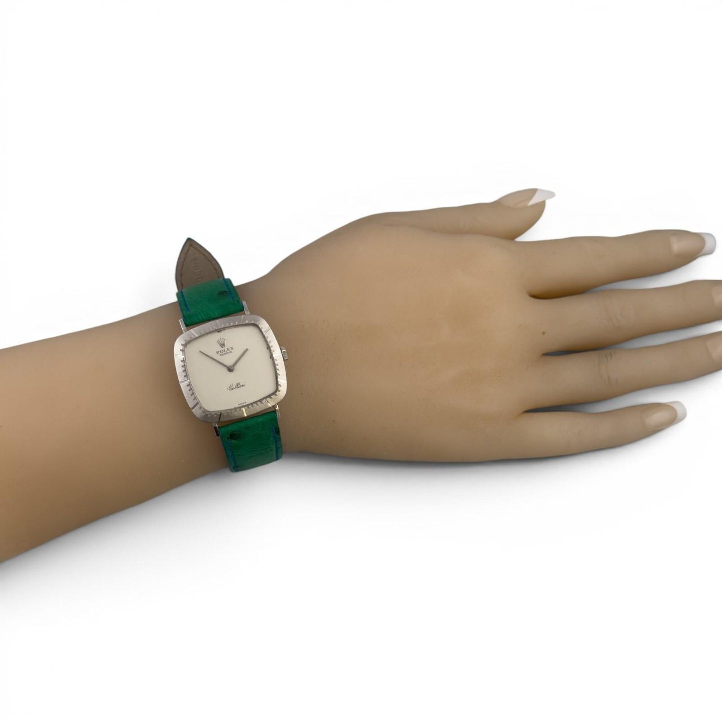 1976 Rolex Cellini 4048 18k White Gold Silver 30mm Square Green Strap Watch BOX