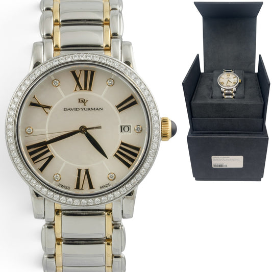 David Yurman Classic T716-M White MOP 18k Gold & Steel Diamond 38mm Quartz w BOX