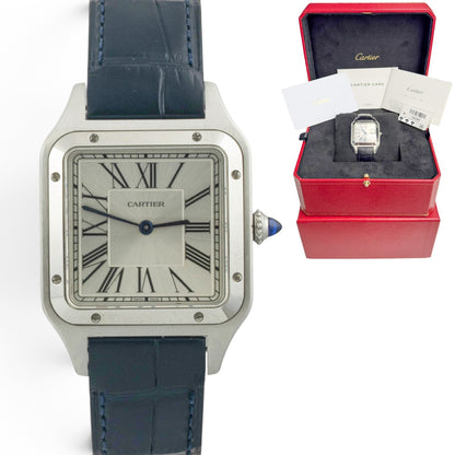 Cartier Santos Dumont WSSA0085 Steel Silver Roman Blue Strap Large BOX + PAPERS