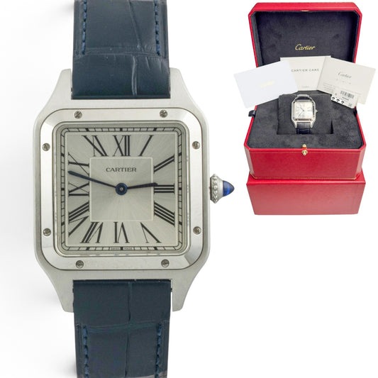 Cartier Santos Dumont WSSA0085 Steel Silver Roman Blue Strap Large BOX + PAPERS