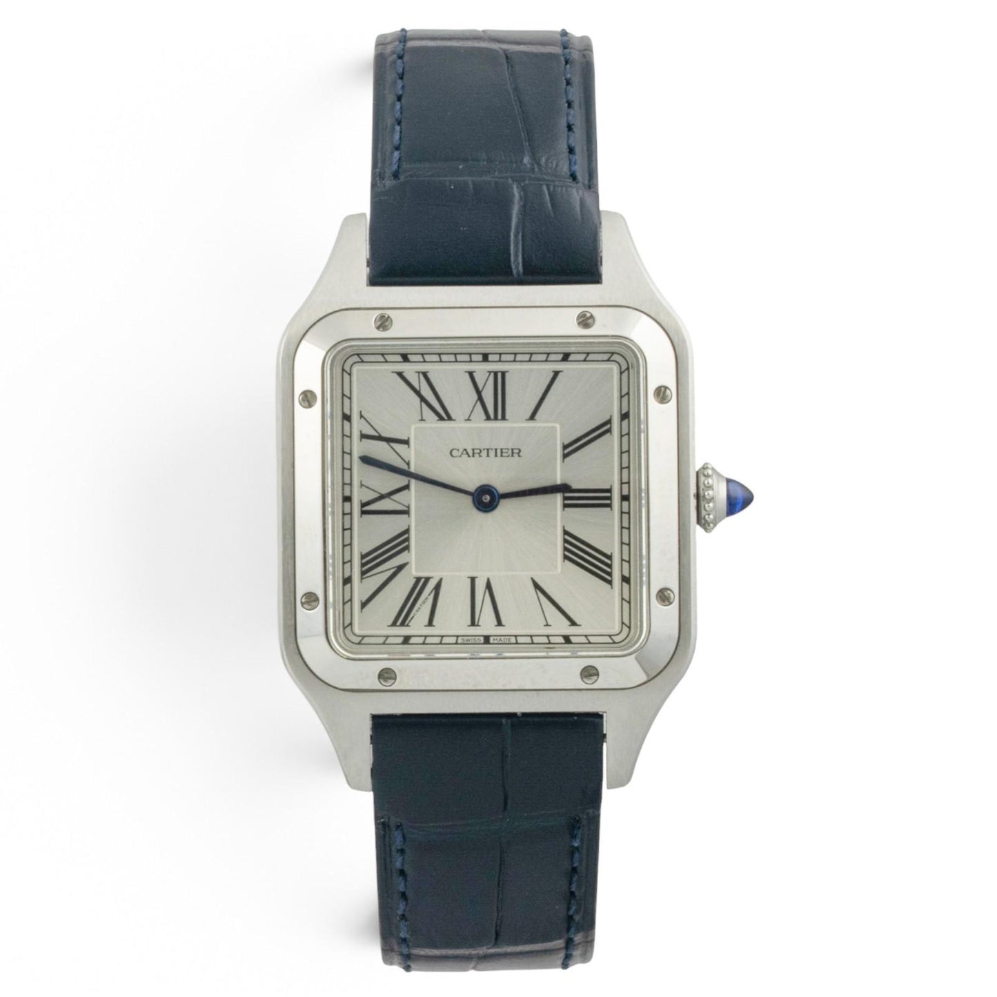 Cartier Santos Dumont WSSA0085 Steel Silver Roman Blue Strap Large BOX + PAPERS