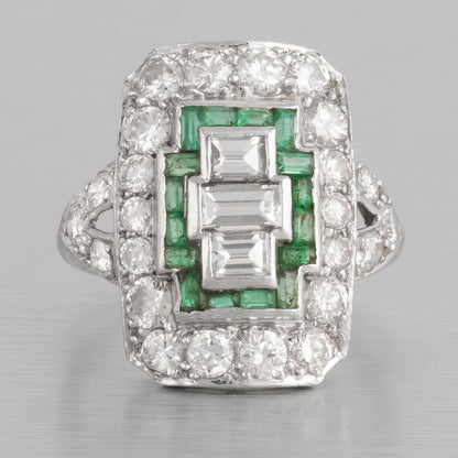 Antique Art Deco Platinum 900 Diamond Green Stone Cocktail Dinner Ring 1.90ctw