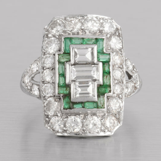 Antique Art Deco Platinum 900 Diamond Green Stone Cocktail Dinner Ring 1.90ctw