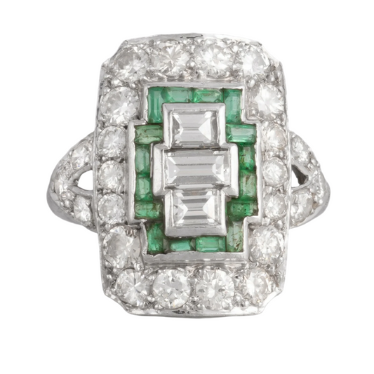 Antique Art Deco Platinum 900 Diamond Green Stone Cocktail Dinner Ring 1.90ctw