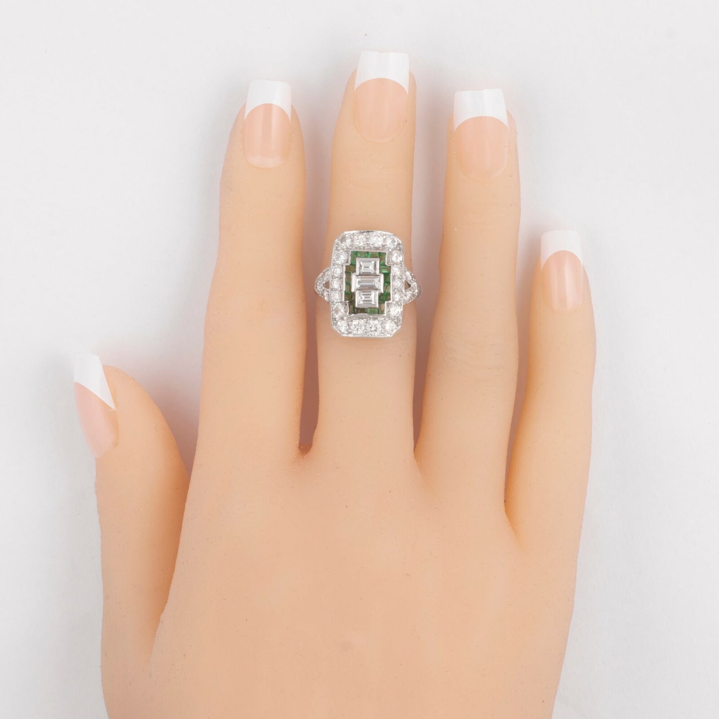 Antique Art Deco Platinum 900 Diamond Green Stone Cocktail Dinner Ring 1.90ctw