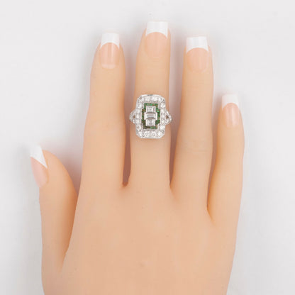Antique Art Deco Platinum 900 Diamond Green Stone Cocktail Dinner Ring 1.90ctw